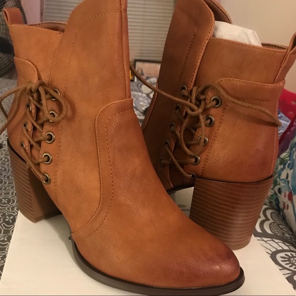 Cognac Lace Up Booties - Picture 1 of 5